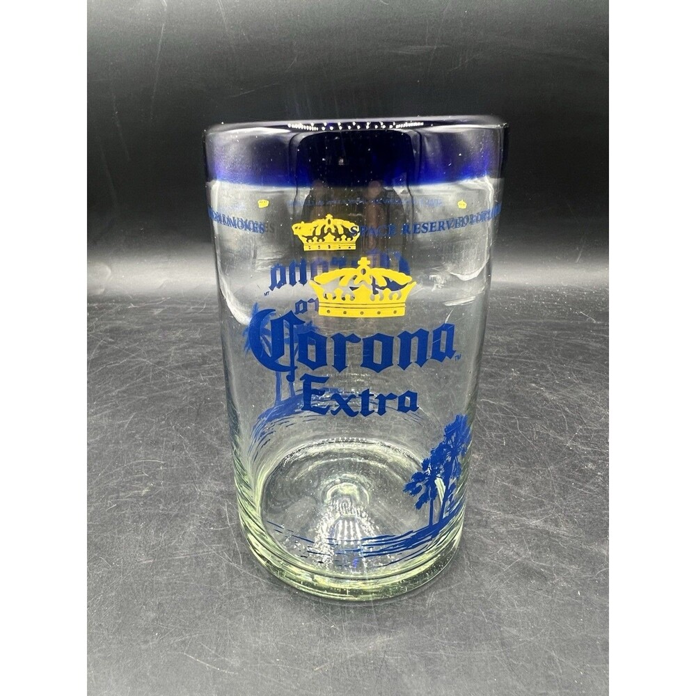 Corona Extra Beach Tiki Beer Glass Cobalt Blue Rim 5 3/8” Palm Trees Pint